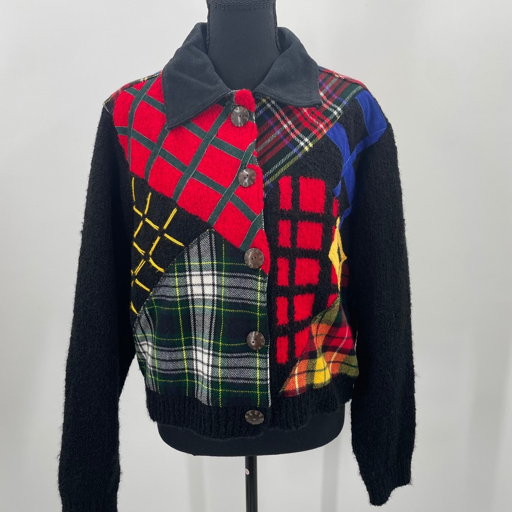 Vintage Sandy Starkman Patchwork Jacket Leather Plaid Mixed Media‎ Art to Wear L